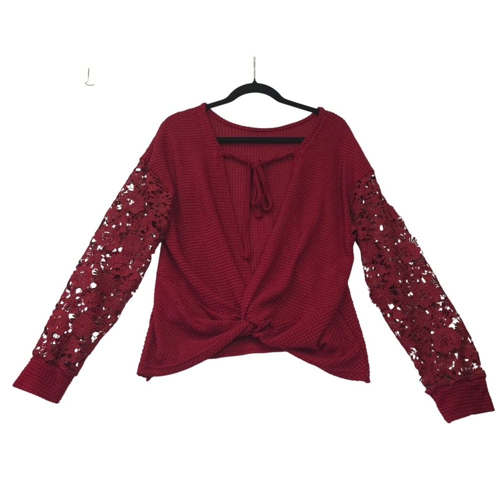 Womens Burgundy Waffle Knit Twist Front Crochet Lace Sleeve Top Large Romantic